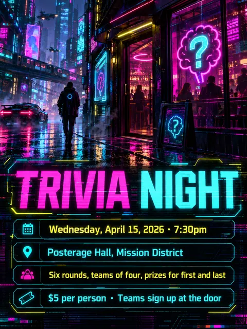 Cyberpunk style party flyer for a fictional house: Trivia Night