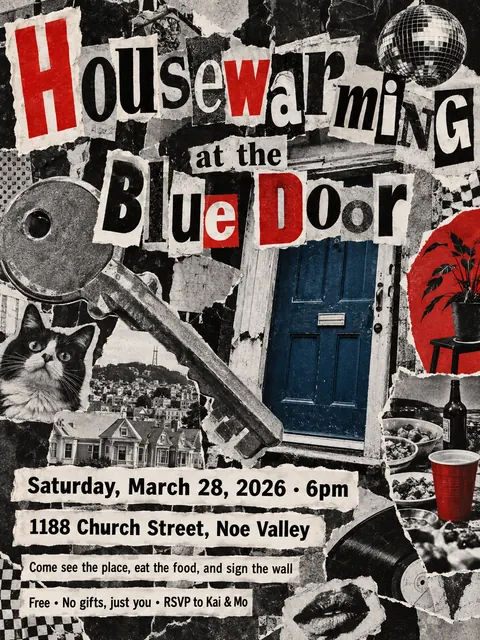 Dada Collage style party flyer for a fictional house: Housewarming at the Blue Door