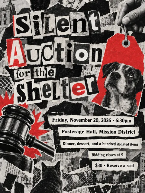 Dada Collage style party flyer for a fictional fundraiser: Silent Auction for the Shelter