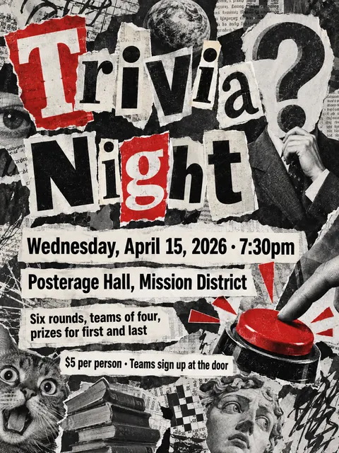 Dada Collage style party flyer for a fictional house: Trivia Night