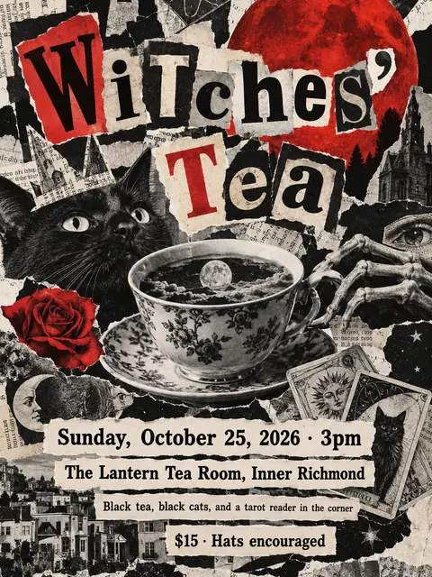Dada Collage style party flyer for a fictional halloween: Witches' Tea