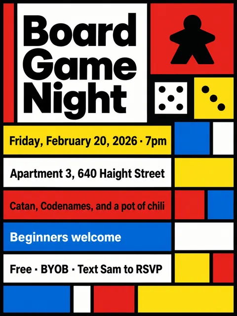 De Stijl style party flyer for a fictional house: Board Game Night