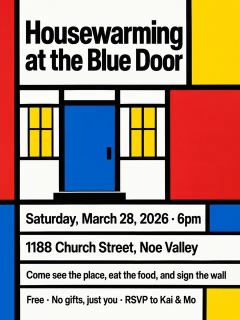 De Stijl style party flyer for a fictional house: Housewarming at the Blue Door
