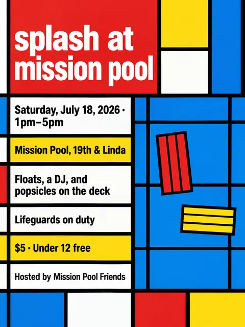 De Stijl style party flyer for a fictional pool: Splash at Mission Pool