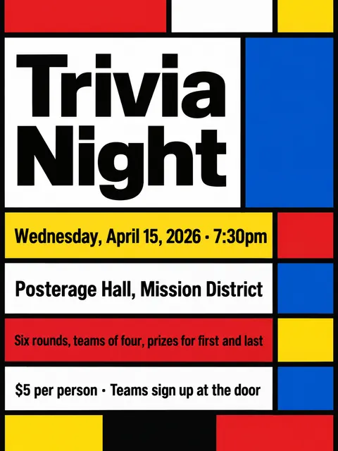 De Stijl style party flyer for a fictional house: Trivia Night
