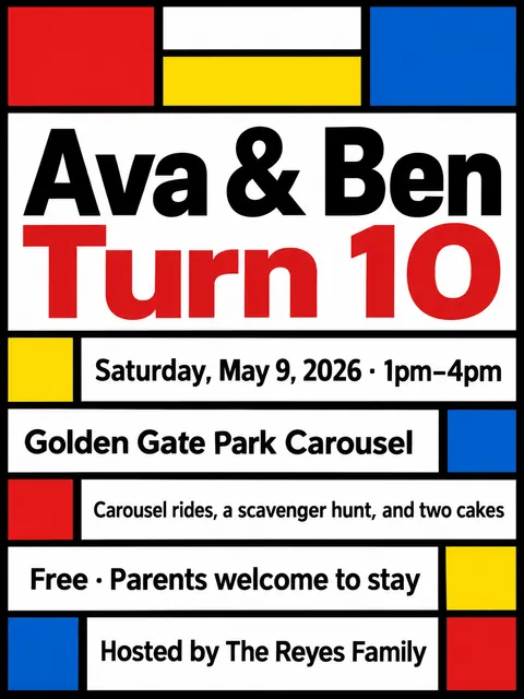 De Stijl style party flyer for a fictional birthday: Ava & Ben Turn 10