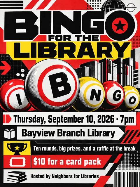 Designers Republic style party flyer for a fictional fundraiser: Bingo for the Library