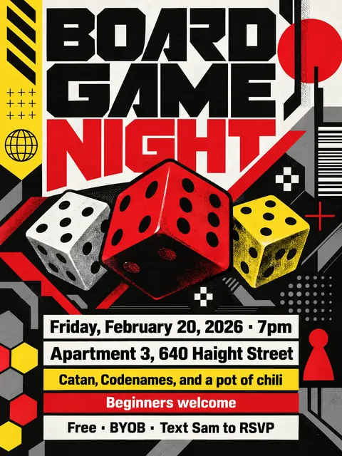 Designers Republic style party flyer for a fictional house: Board Game Night