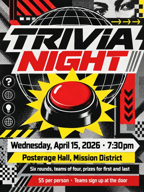 Designers Republic style party flyer for a fictional house: Trivia Night
