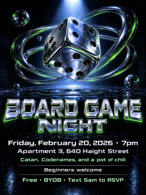 90s Drum and Bass Flyer style party flyer for a fictional house: Board Game Night