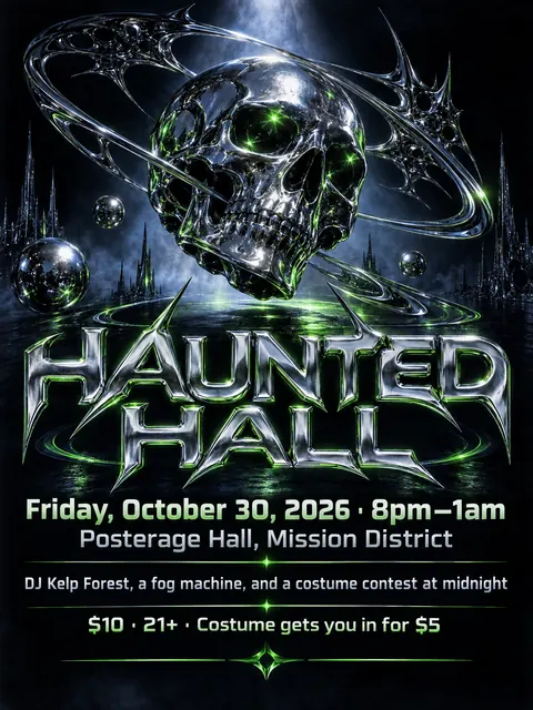 90s Drum and Bass Flyer style party flyer for a fictional halloween: Haunted Hall