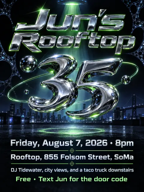 90s Drum and Bass Flyer style party flyer for a fictional birthday: Jun's Rooftop 35