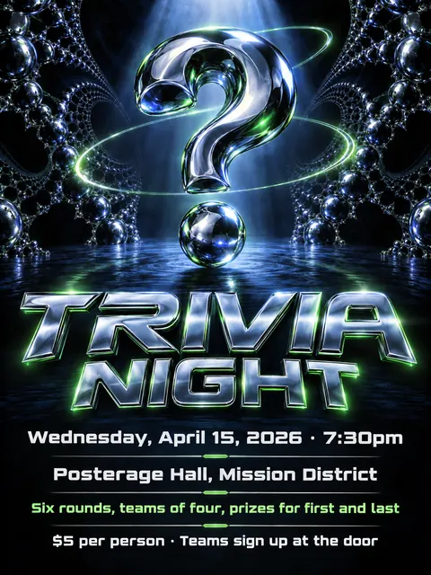 90s Drum and Bass Flyer style party flyer for a fictional house: Trivia Night
