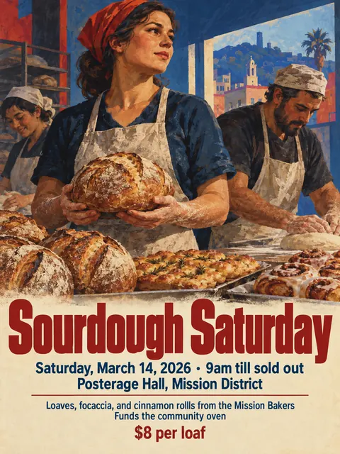 East German DEFA Film Poster style party flyer for a fictional bake-sale: Sourdough Saturday