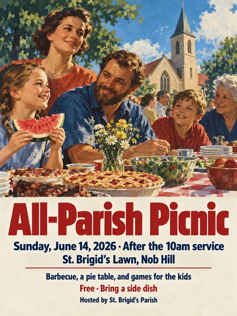 East German DEFA Film Poster style party flyer for a fictional church: All-Parish Picnic