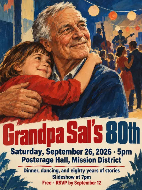 East German DEFA Film Poster style party flyer for a fictional birthday: Grandpa Sal's 80th
