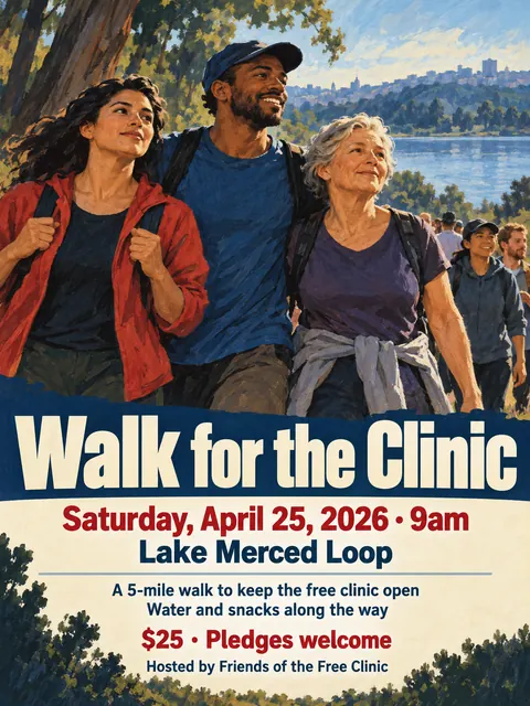 East German DEFA Film Poster style party flyer for a fictional fundraiser: Walk for the Clinic