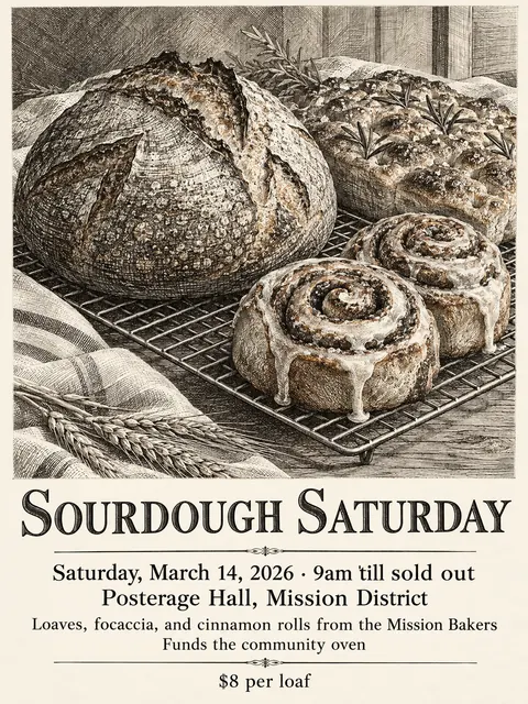 Etching / Engraving style party flyer for a fictional bake-sale: Sourdough Saturday