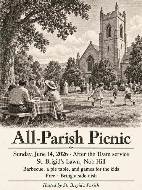 Etching / Engraving style party flyer for a fictional church: All-Parish Picnic