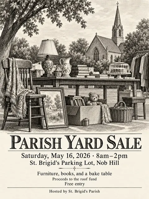 Etching / Engraving style party flyer for a fictional church: Parish Yard Sale