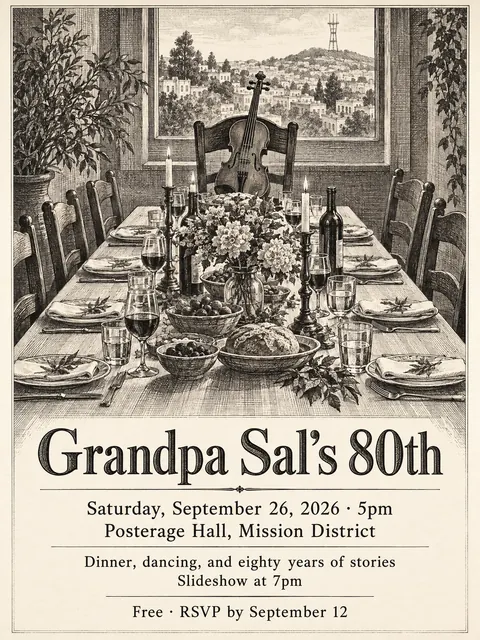 Etching / Engraving style party flyer for a fictional birthday: Grandpa Sal's 80th