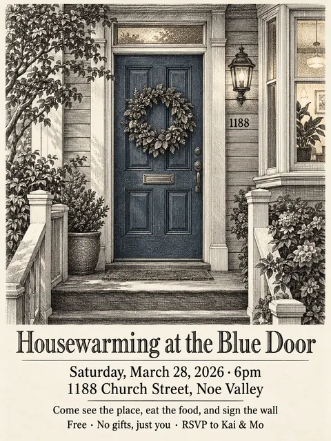 Etching / Engraving style party flyer for a fictional house: Housewarming at the Blue Door