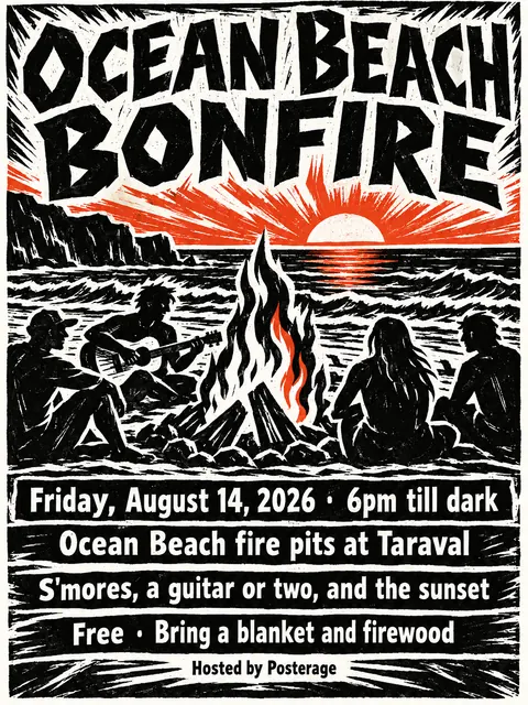 Expressionist Woodcut style party flyer for a fictional pool: Ocean Beach Bonfire