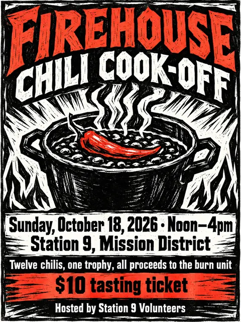 Expressionist Woodcut style party flyer for a fictional fundraiser: Firehouse Chili Cook-off