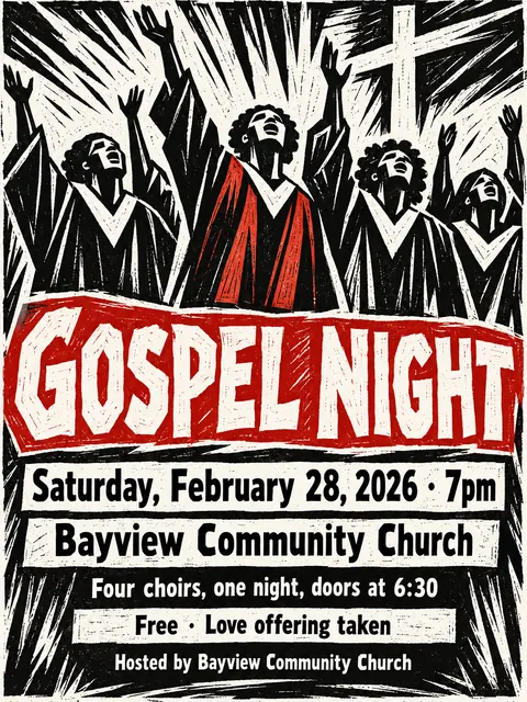 Expressionist Woodcut style party flyer for a fictional church: Gospel Night