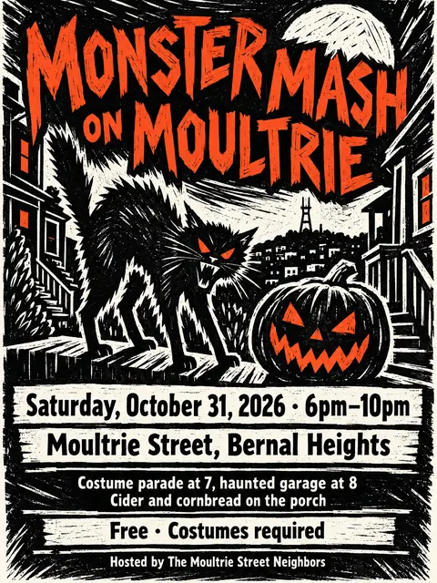 Expressionist Woodcut style party flyer for a fictional halloween: Monster Mash on Moultrie
