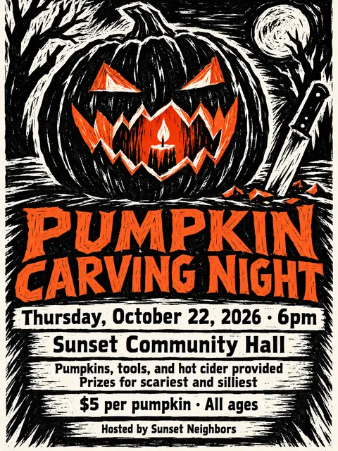 Expressionist Woodcut style party flyer for a fictional halloween: Pumpkin Carving Night