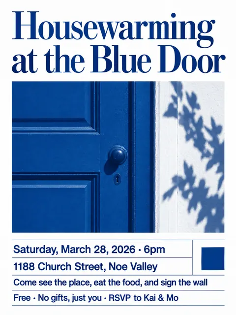 Factory Records / Haçienda style party flyer for a fictional house: Housewarming at the Blue Door