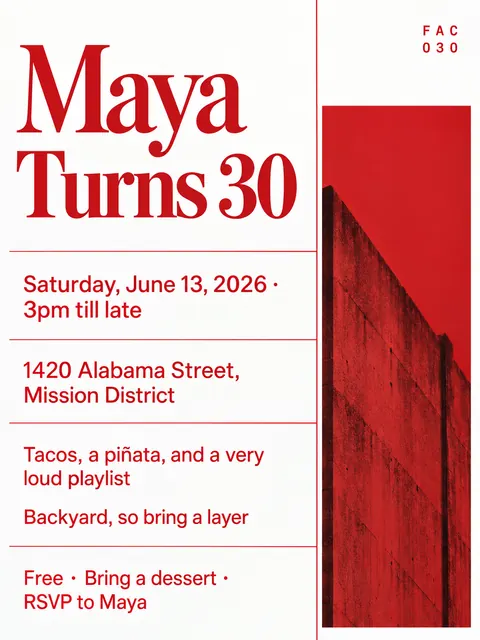 Factory Records / Haçienda style party flyer for a fictional birthday: Maya Turns 30