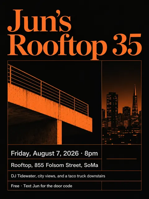 Factory Records / Haçienda style party flyer for a fictional birthday: Jun's Rooftop 35