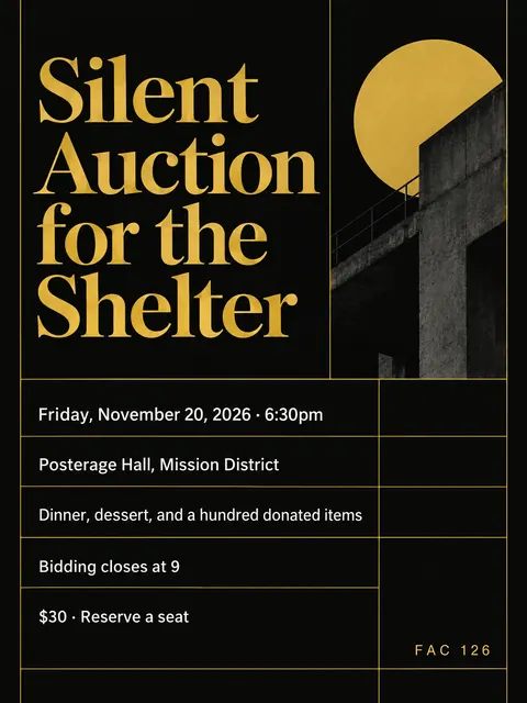 Factory Records / Haçienda style party flyer for a fictional fundraiser: Silent Auction for the Shelter