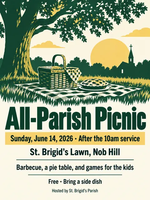 Festival Indie Lineup style party flyer for a fictional church: All-Parish Picnic
