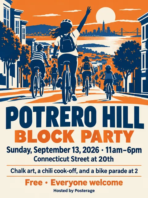 Festival Indie Lineup style party flyer for a fictional block: Potrero Hill Block Party