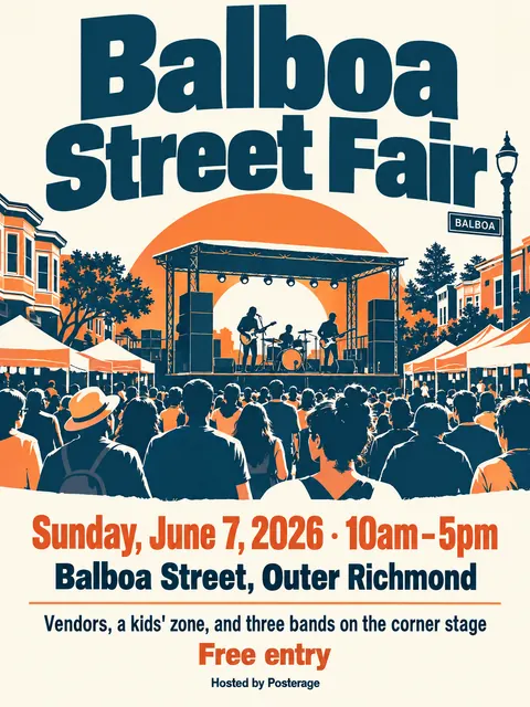Festival Indie Lineup style party flyer for a fictional block: Balboa Street Fair