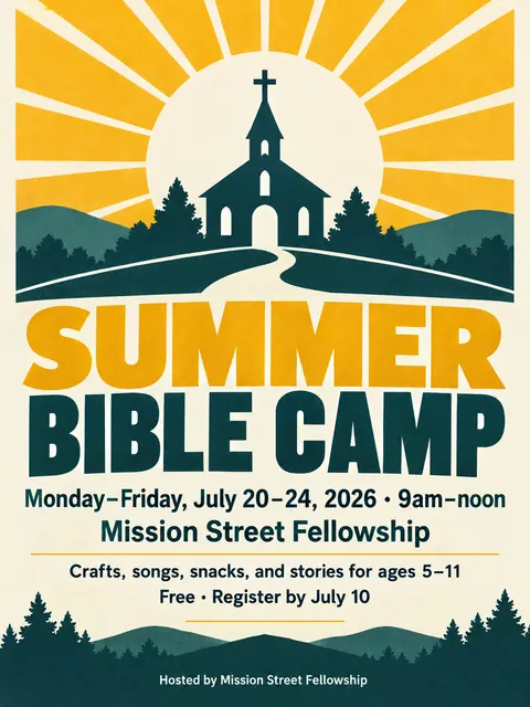 Festival Indie Lineup style party flyer for a fictional church: Summer Bible Camp
