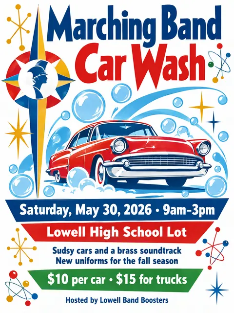 Festival of Britain style party flyer for a fictional car-wash: Marching Band Car Wash