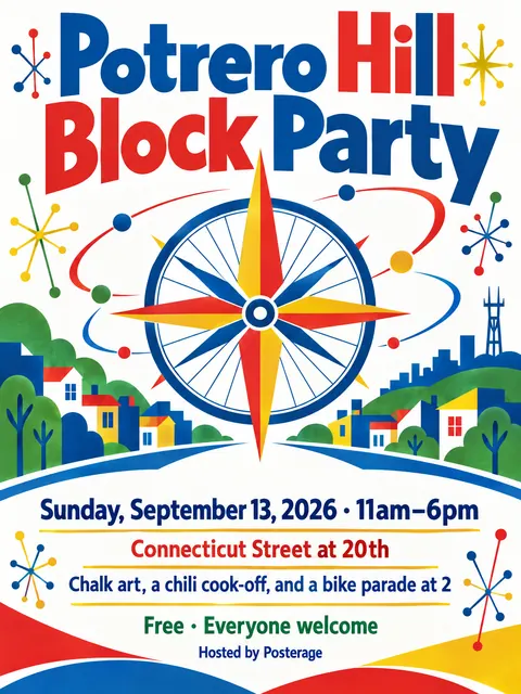Festival of Britain style party flyer for a fictional block: Potrero Hill Block Party