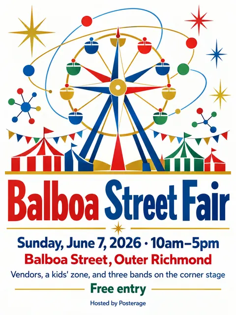 Festival of Britain style party flyer for a fictional block: Balboa Street Fair
