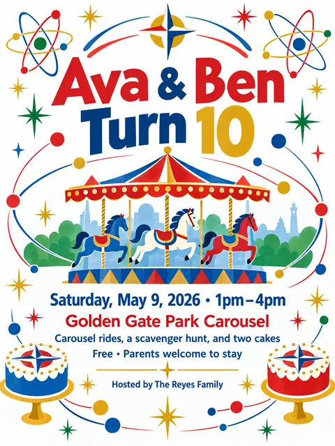Festival of Britain style party flyer for a fictional birthday: Ava & Ben Turn 10