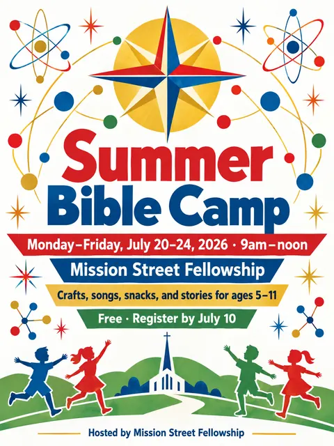 Festival of Britain style party flyer for a fictional church: Summer Bible Camp