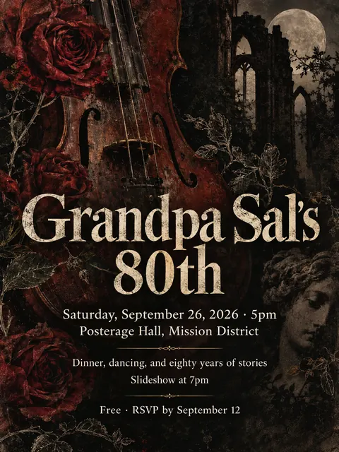 4AD Records style party flyer for a fictional birthday: Grandpa Sal's 80th
