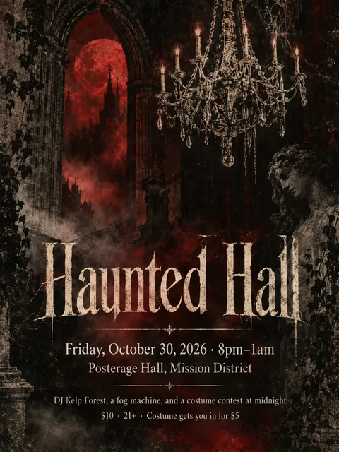 4AD Records style party flyer for a fictional halloween: Haunted Hall