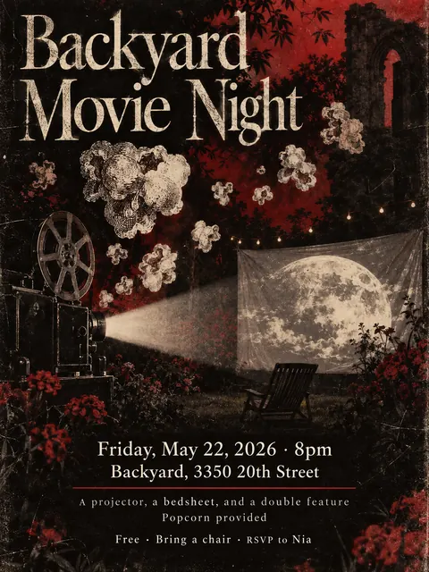 4AD Records style party flyer for a fictional house: Backyard Movie Night