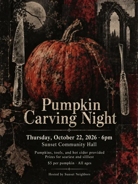 4AD Records style party flyer for a fictional halloween: Pumpkin Carving Night