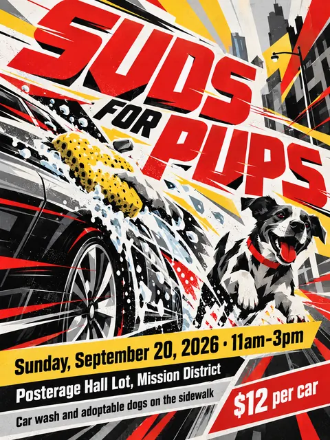 Futurist style party flyer for a fictional car-wash: Suds for Pups