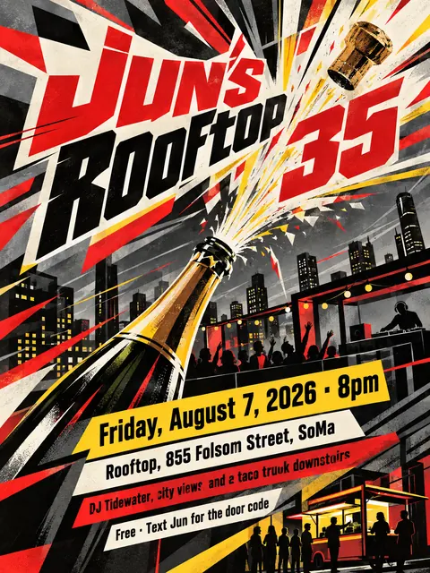 Futurist style party flyer for a fictional birthday: Jun's Rooftop 35